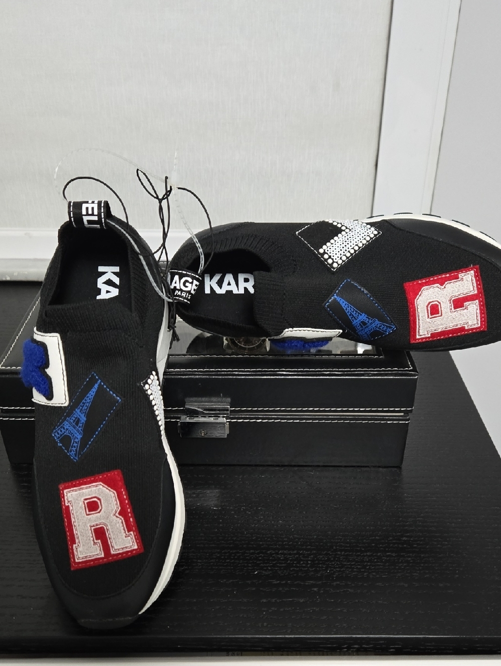Karl Lagerfeld Black Slip-On Sneakers with Red & Blue Patches